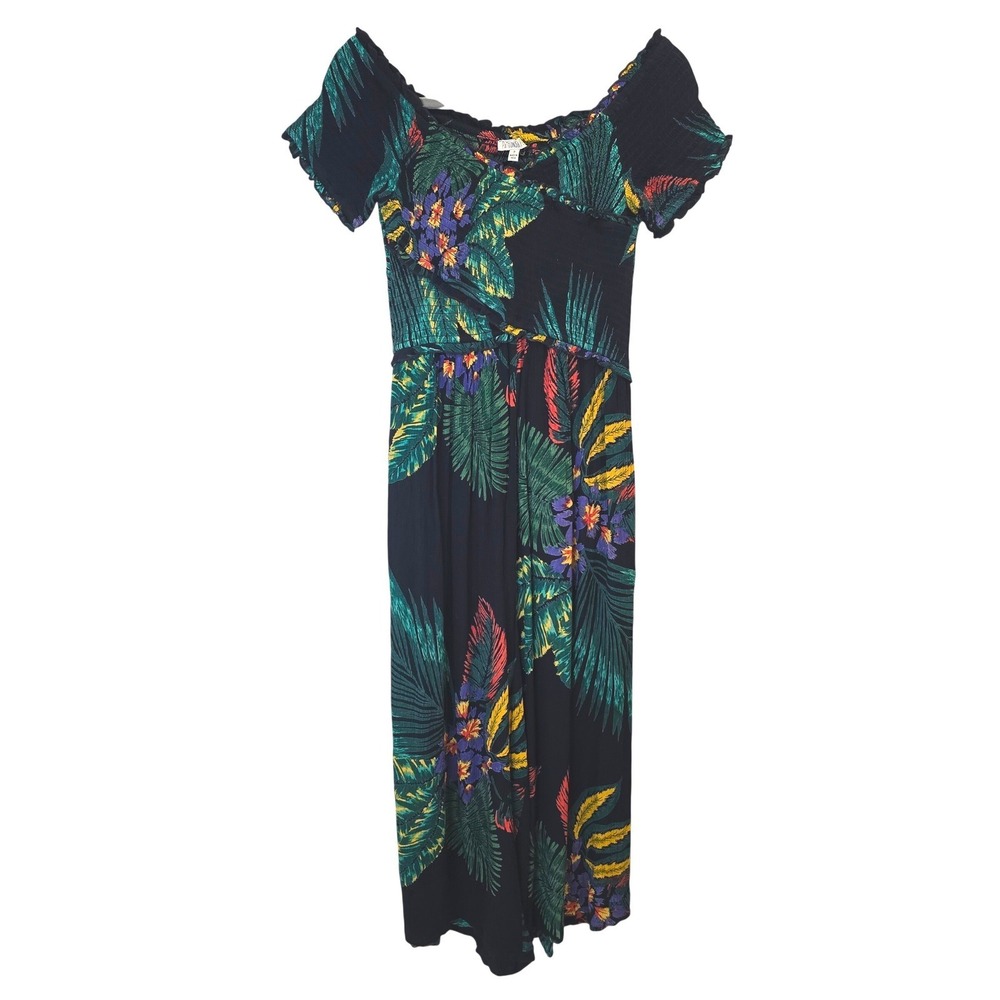 Patrons of Peace Jumpsuit Women Small Black Tropical Smocked Off Shoulder Boho